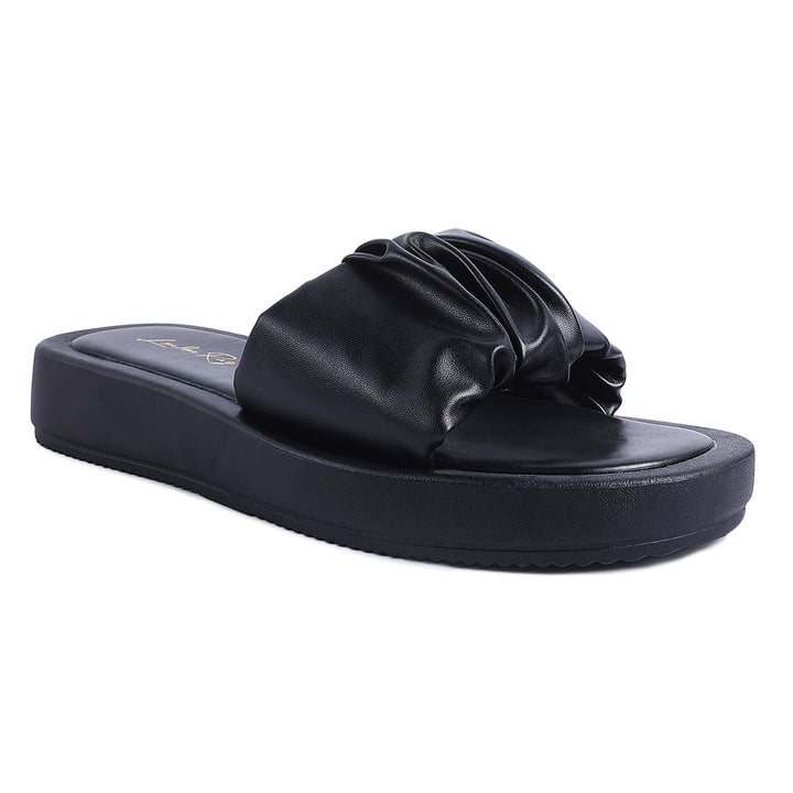 Black Gathered Low Wedge Slides