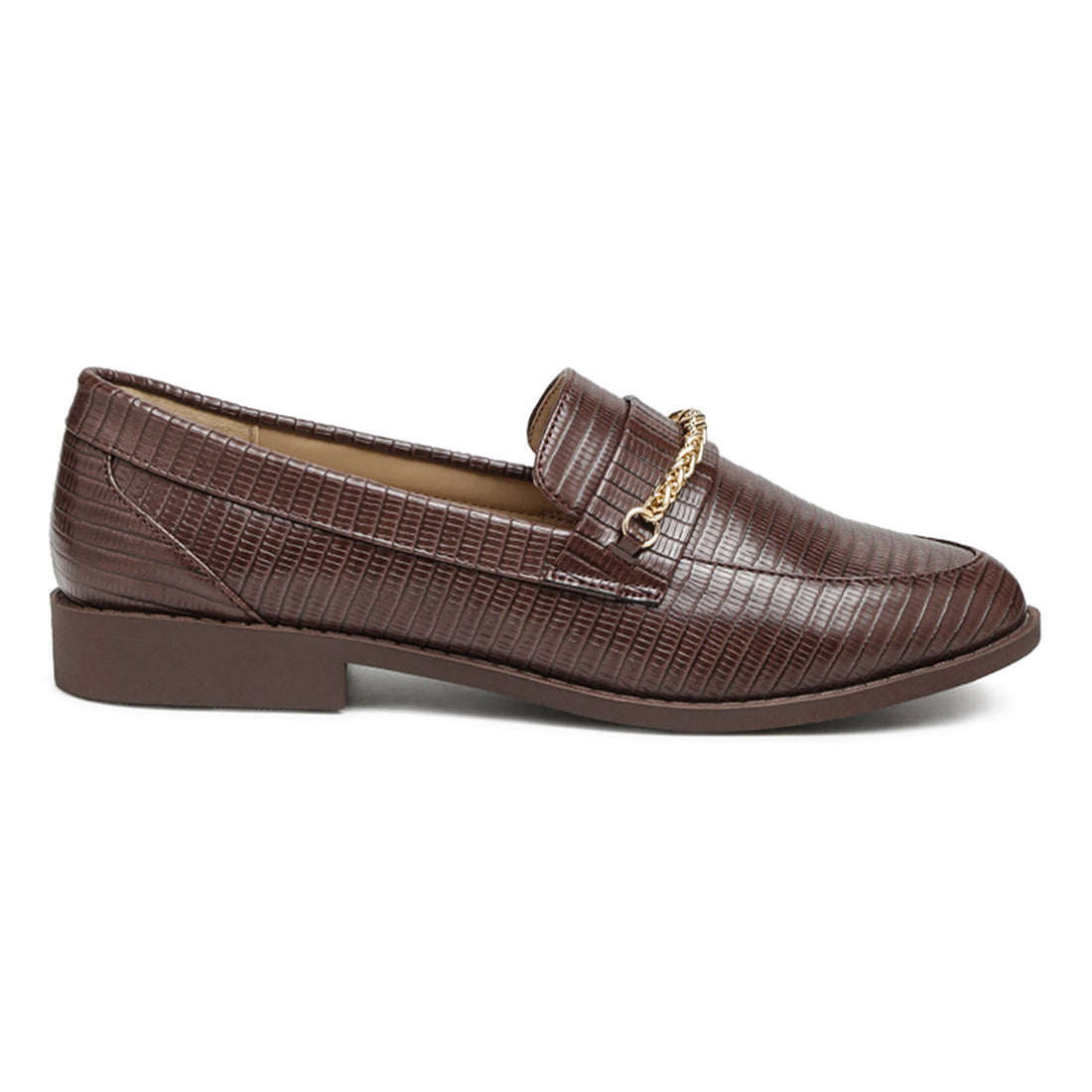 low block loafers adorned with golden chain#color_brown