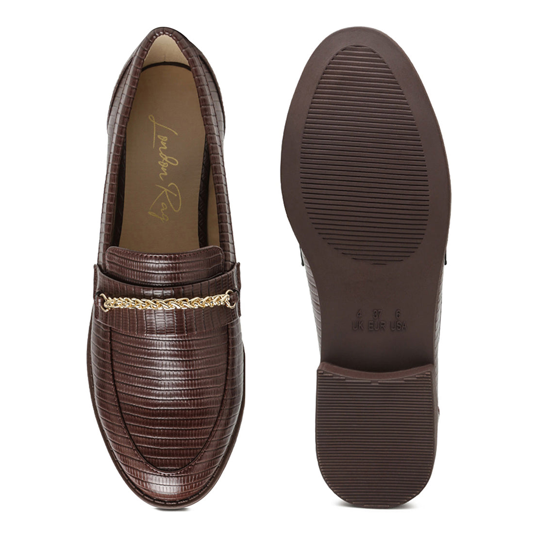 low block loafers adorned with golden chain#color_brown