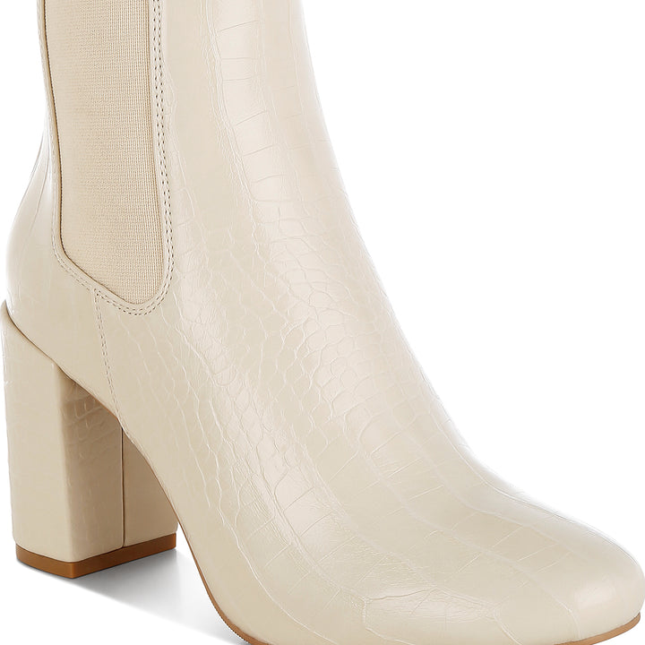 women croc textured block heeled chelsea boots#color_beige