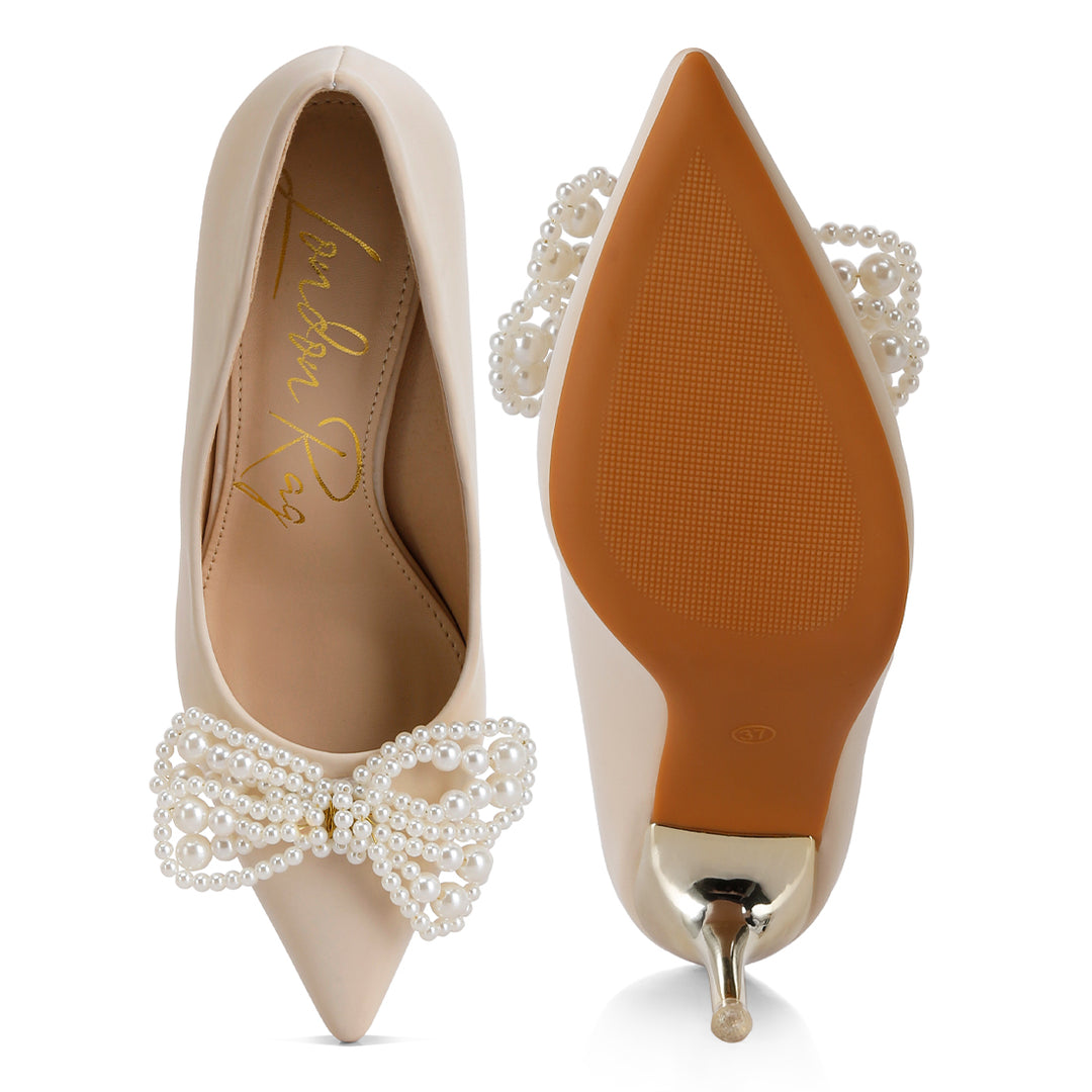 women pointed high heeled pearl flower sandal#color_beige