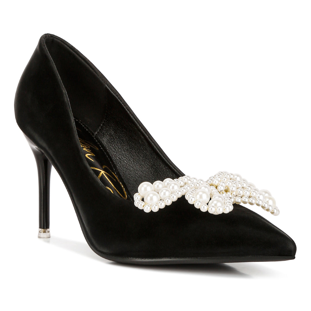 women pointed high heeled pearl flower sandal#color_black