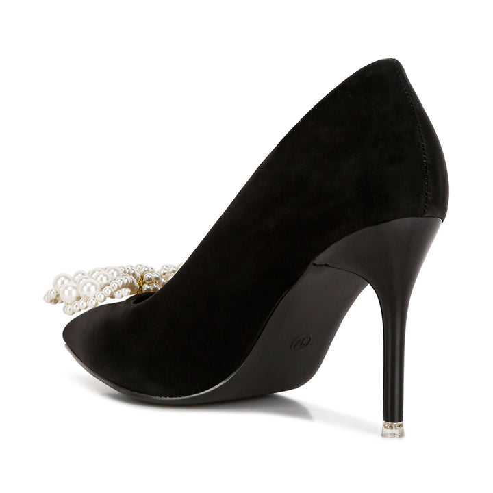 women pointed high heeled pearl flower sandal#color_black