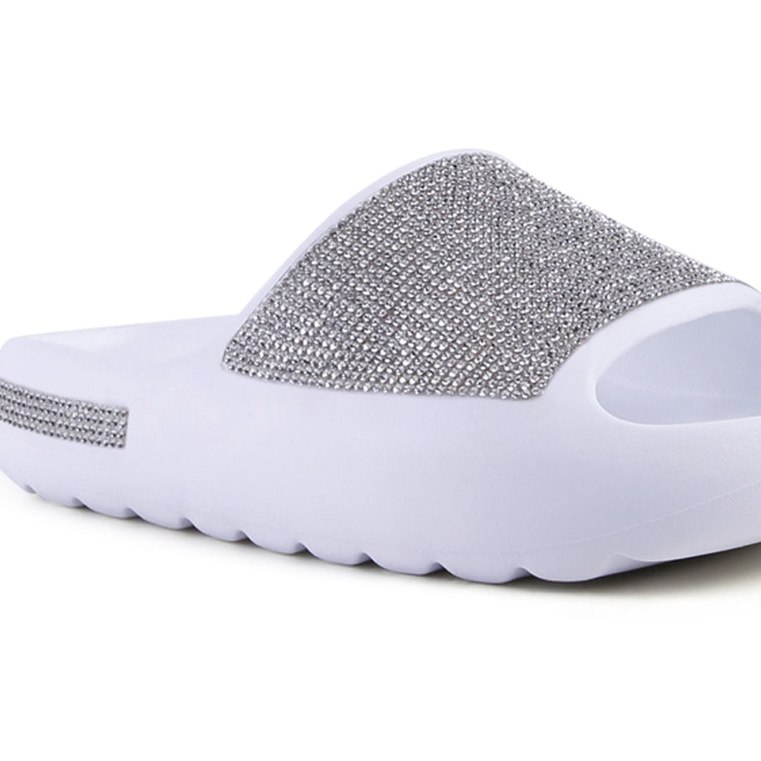 women diamante pool sliders#color_white