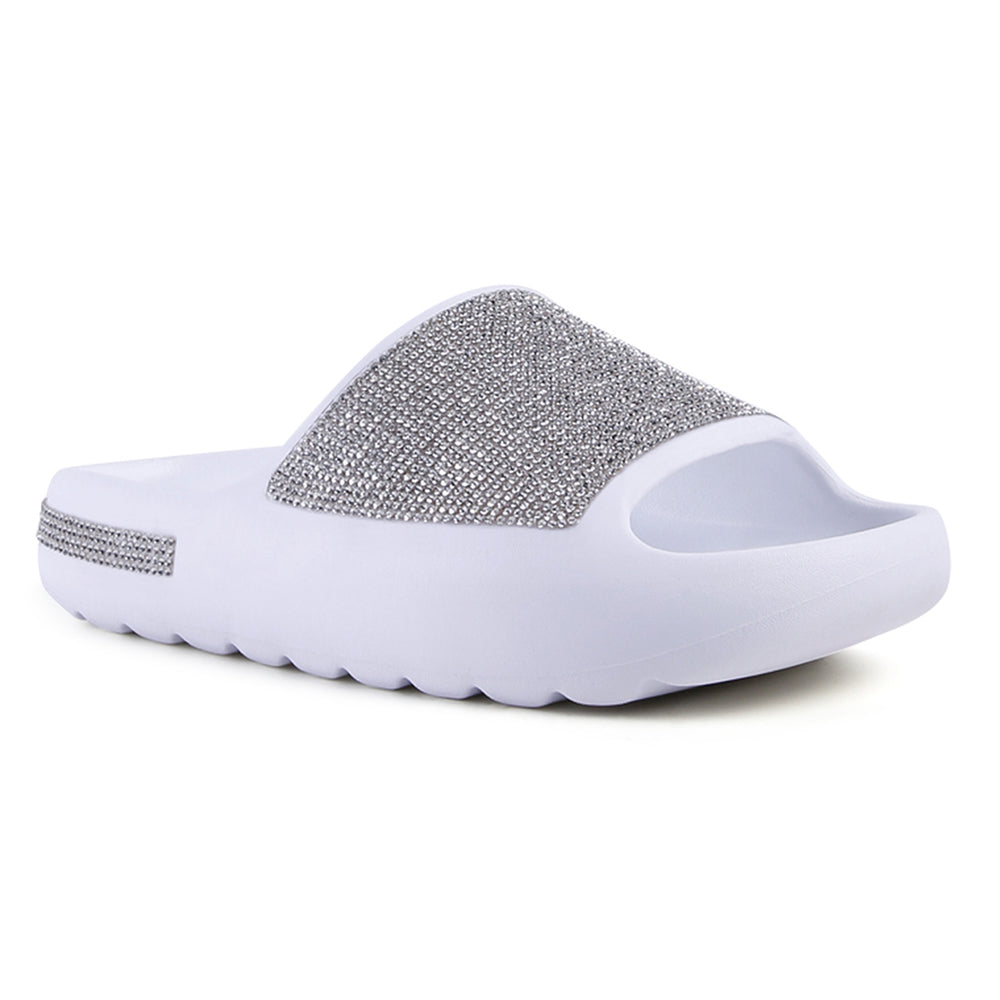 women diamante pool sliders#color_white