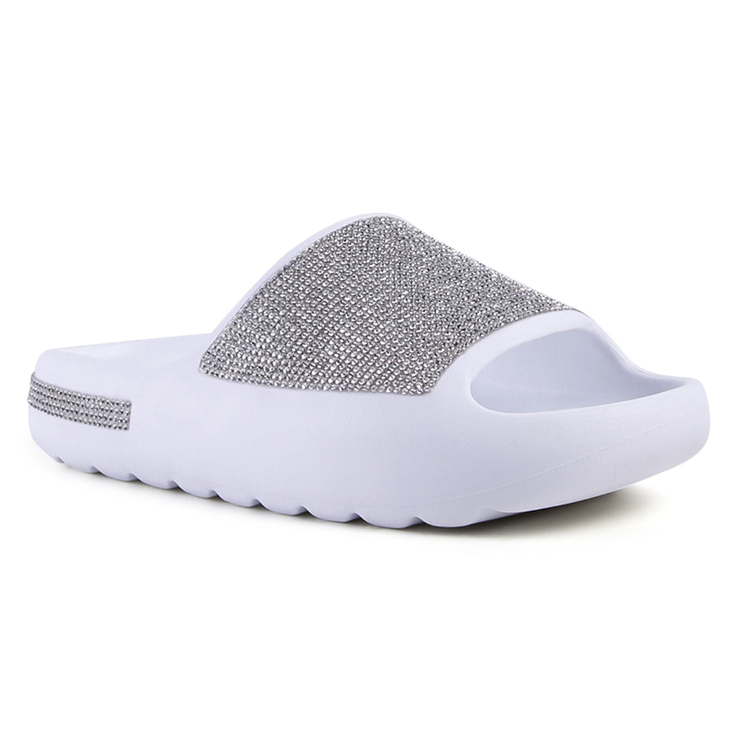 women diamante pool sliders#color_white