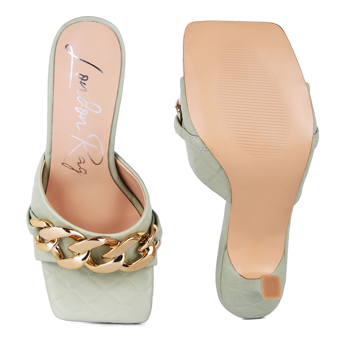 Mint Quilted High Heeled Slide Sandals