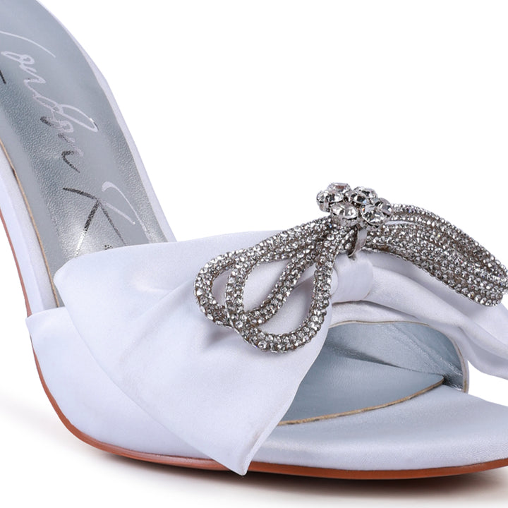 White Crystal Bow Satin High Heeled Sandals