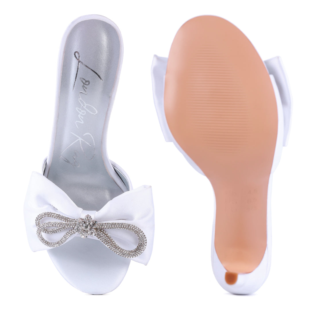 White Crystal Bow Satin High Heeled Sandals