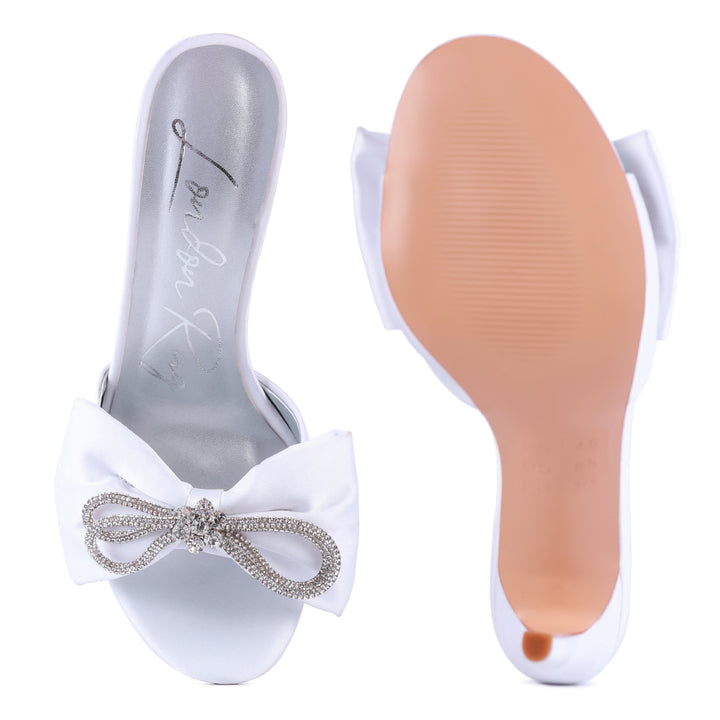 White Crystal Bow Satin High Heeled Sandals