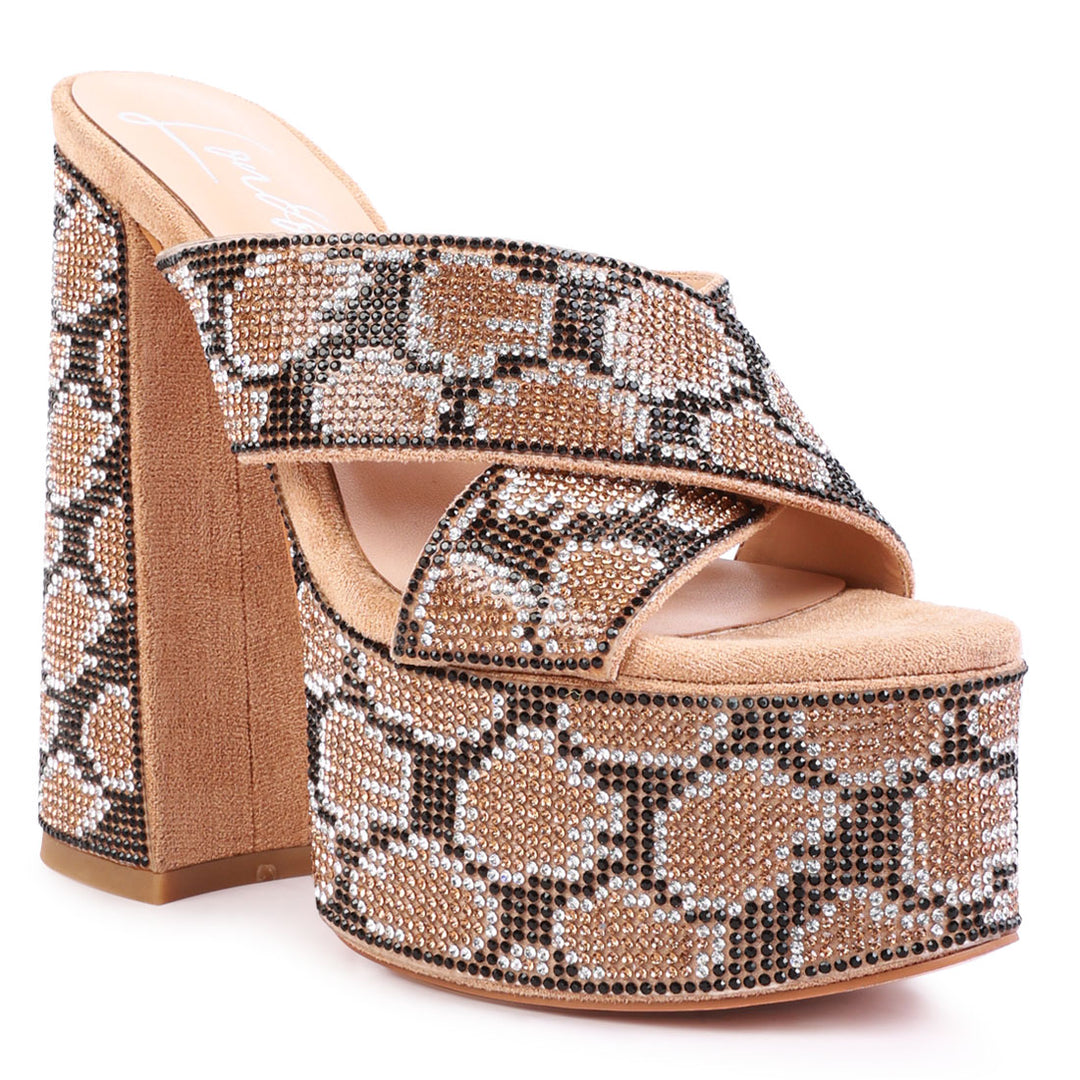 women platform patterned diamante slides#color_gold