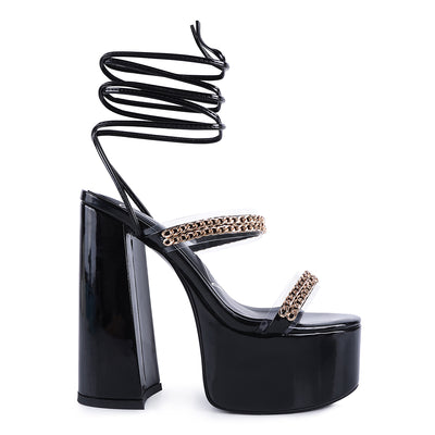 Black Indulgence Metal Chain Lace Up Chunky Sandals