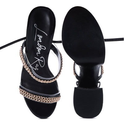 Black Indulgence Metal Chain Lace Up Chunky Sandals