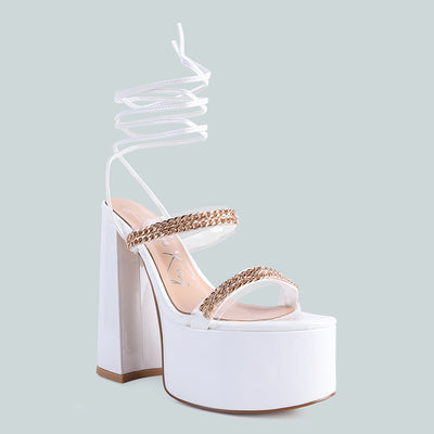 White Indulgence Metal Chain Lace Up Chunky Sandals