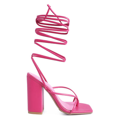 Pink Lace Up Block Heeled Sandal