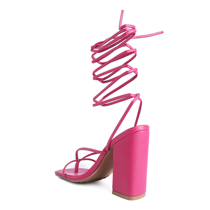 Pink Lace Up Block Heeled Sandal