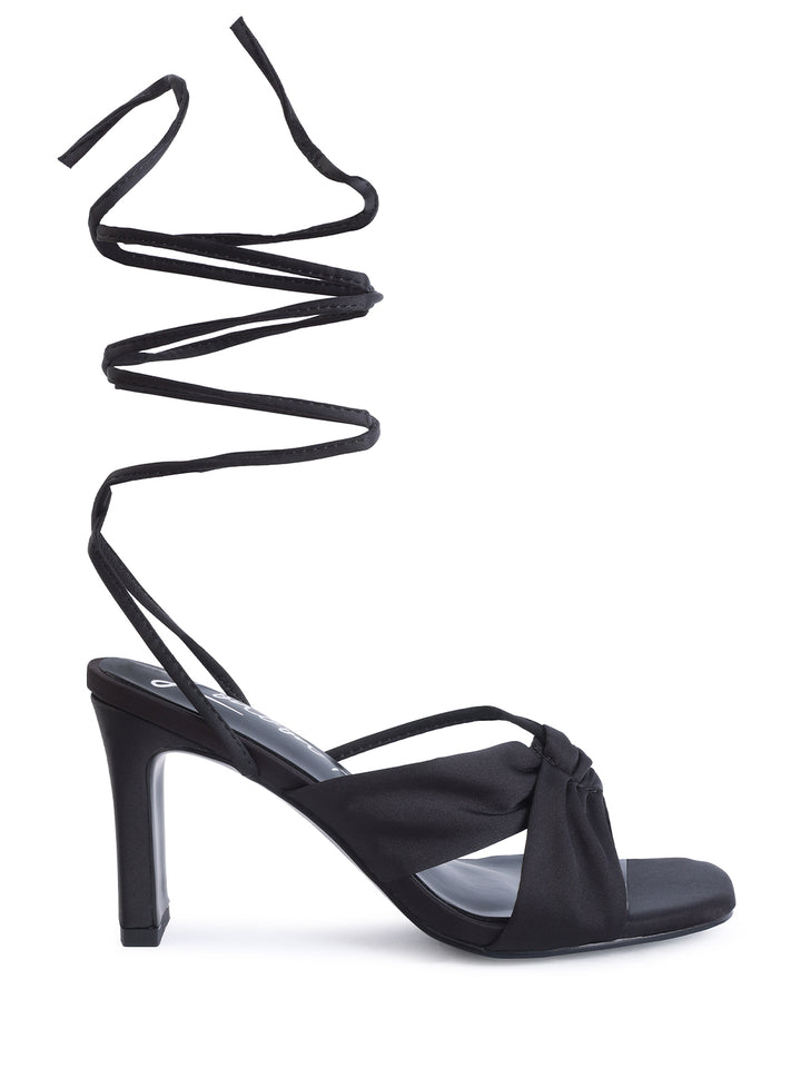 Black Ruched Satin Tie Up Block Heeled Sandals