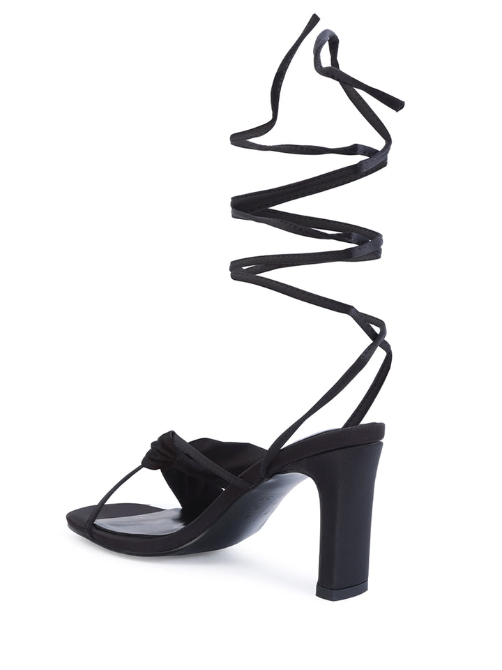 Black Ruched Satin Tie Up Block Heeled Sandals