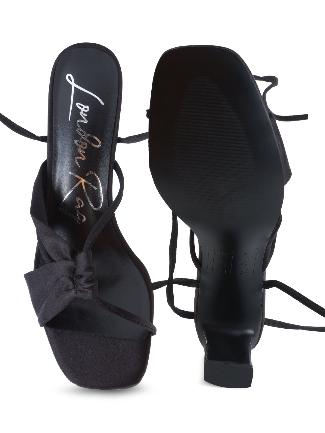 Black Ruched Satin Tie Up Block Heeled Sandals