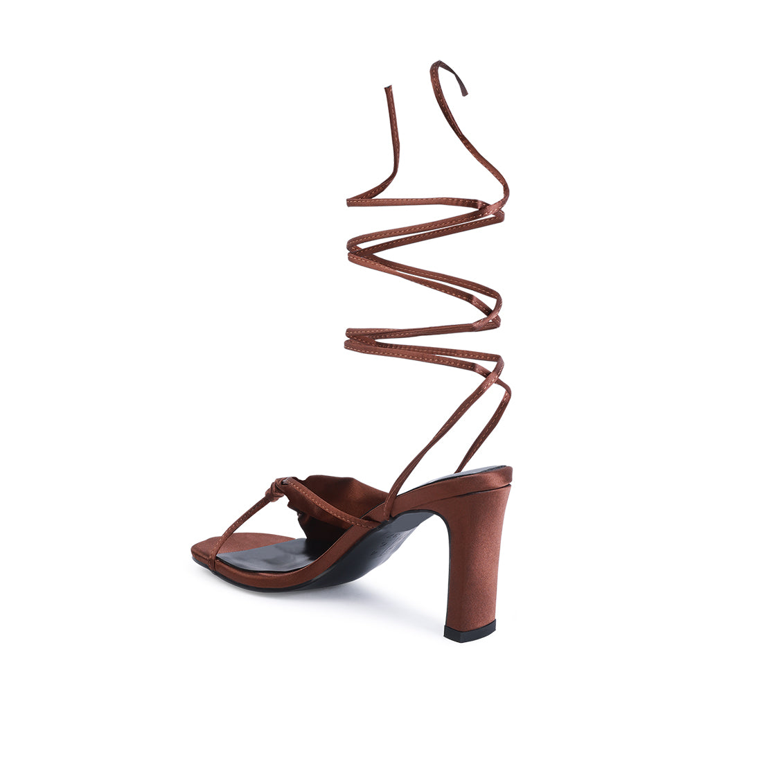 Tan Ruched Satin Tie Up Block Heeled Sandals