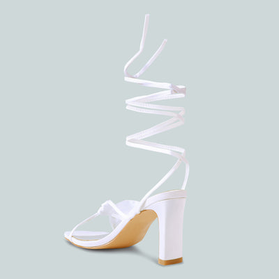 White Ruched Satin Tie Up Block Heeled Sandals