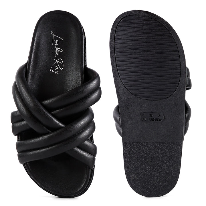 Black Quilted Strap Slider Flats