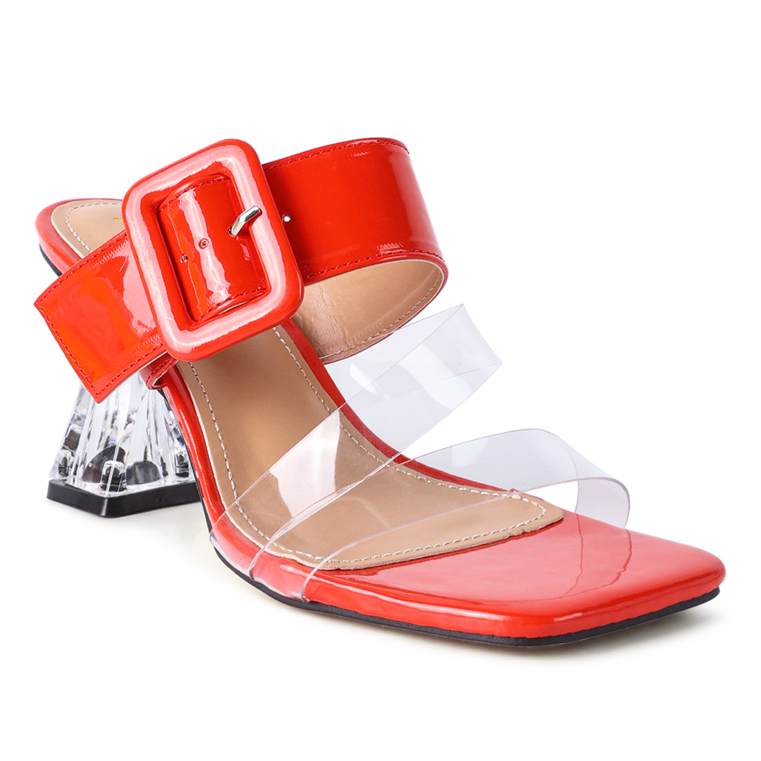 Red Printed Mid Heel Slide Sandals
