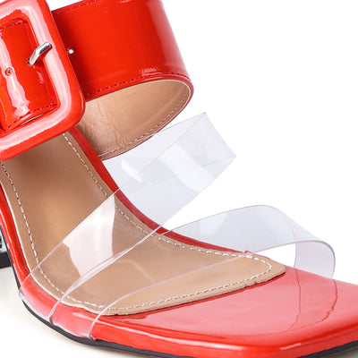Red Printed Mid Heel Slide Sandals
