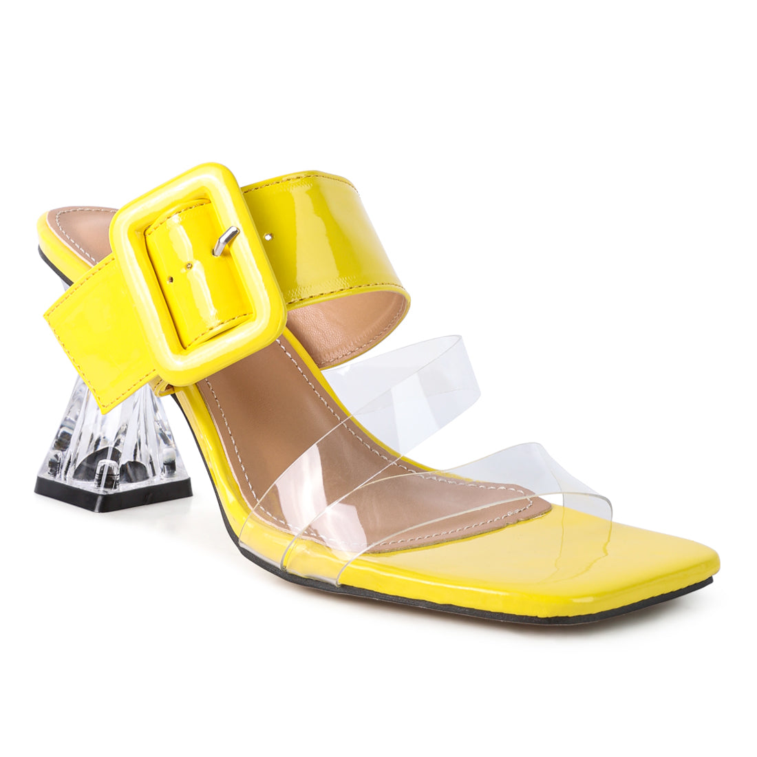 Yellow Printed Mid Heel Slide Sandals