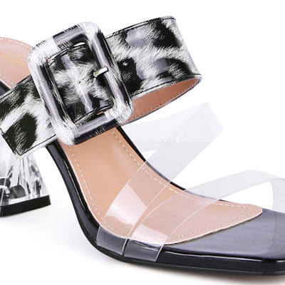 Black Printed Mid Heel Slide Sandals