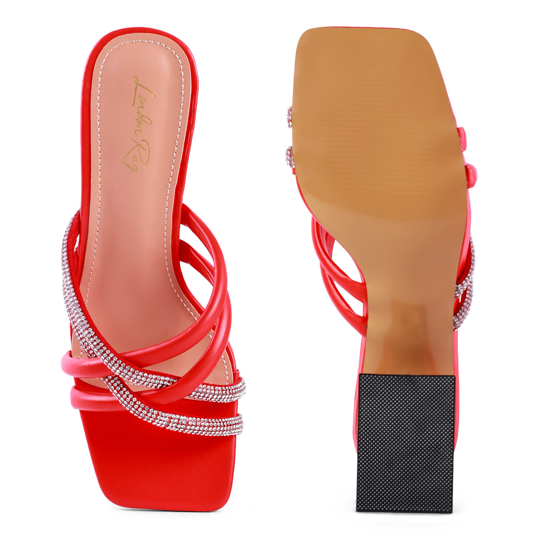 Red Cut Out Heel Diamante Sandals