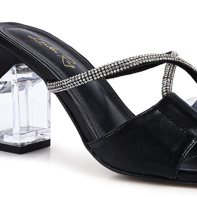 Black Crystal Loop Mid Heel Sandals