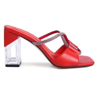 Red Crystal Loop Mid Heel Sandals