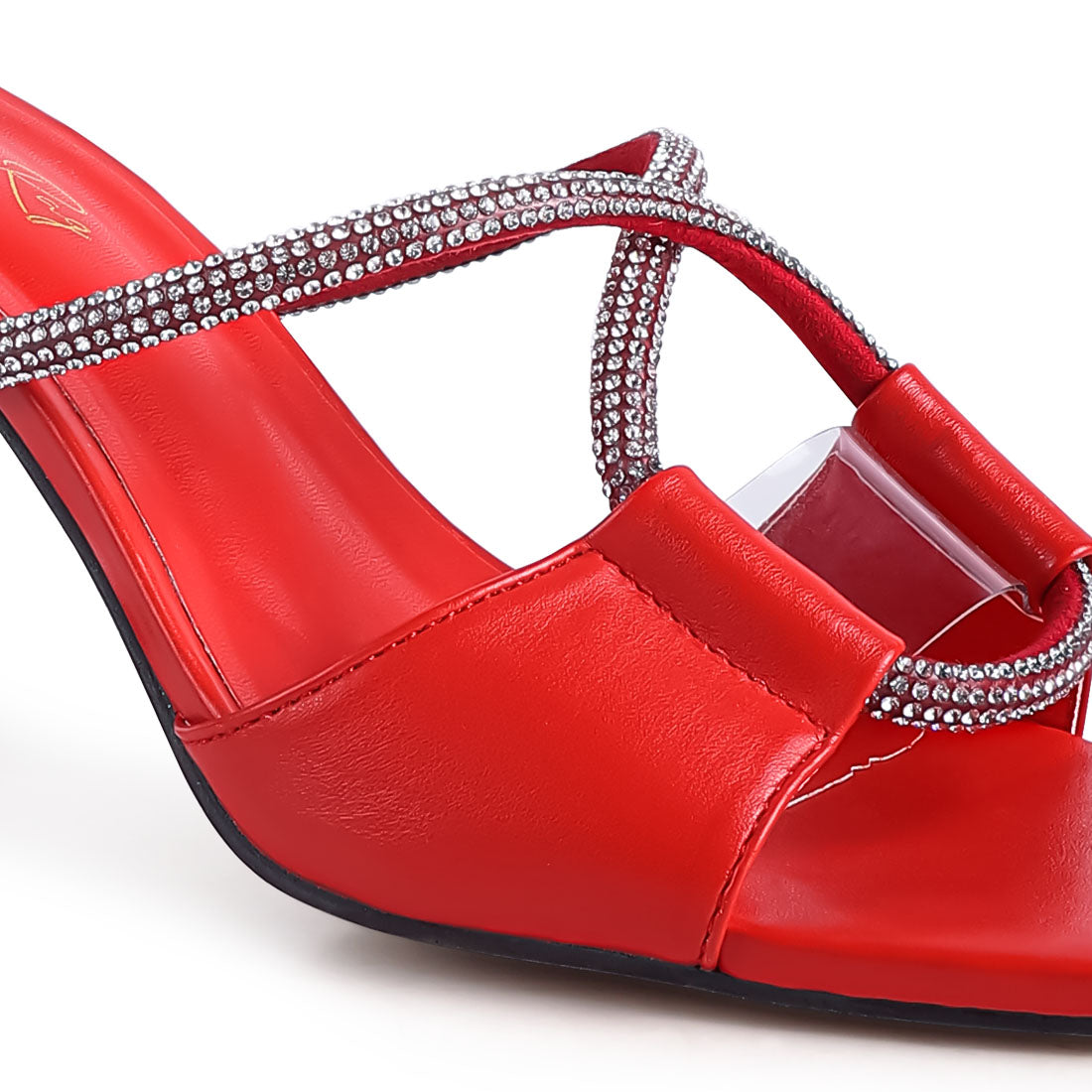 Red Crystal Loop Mid Heel Sandals