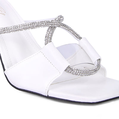 White Crystal Loop Mid Heel Sandals