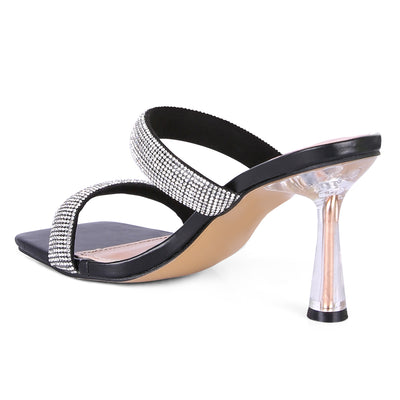 Black Diamante Mid Heel Slide Sandals
