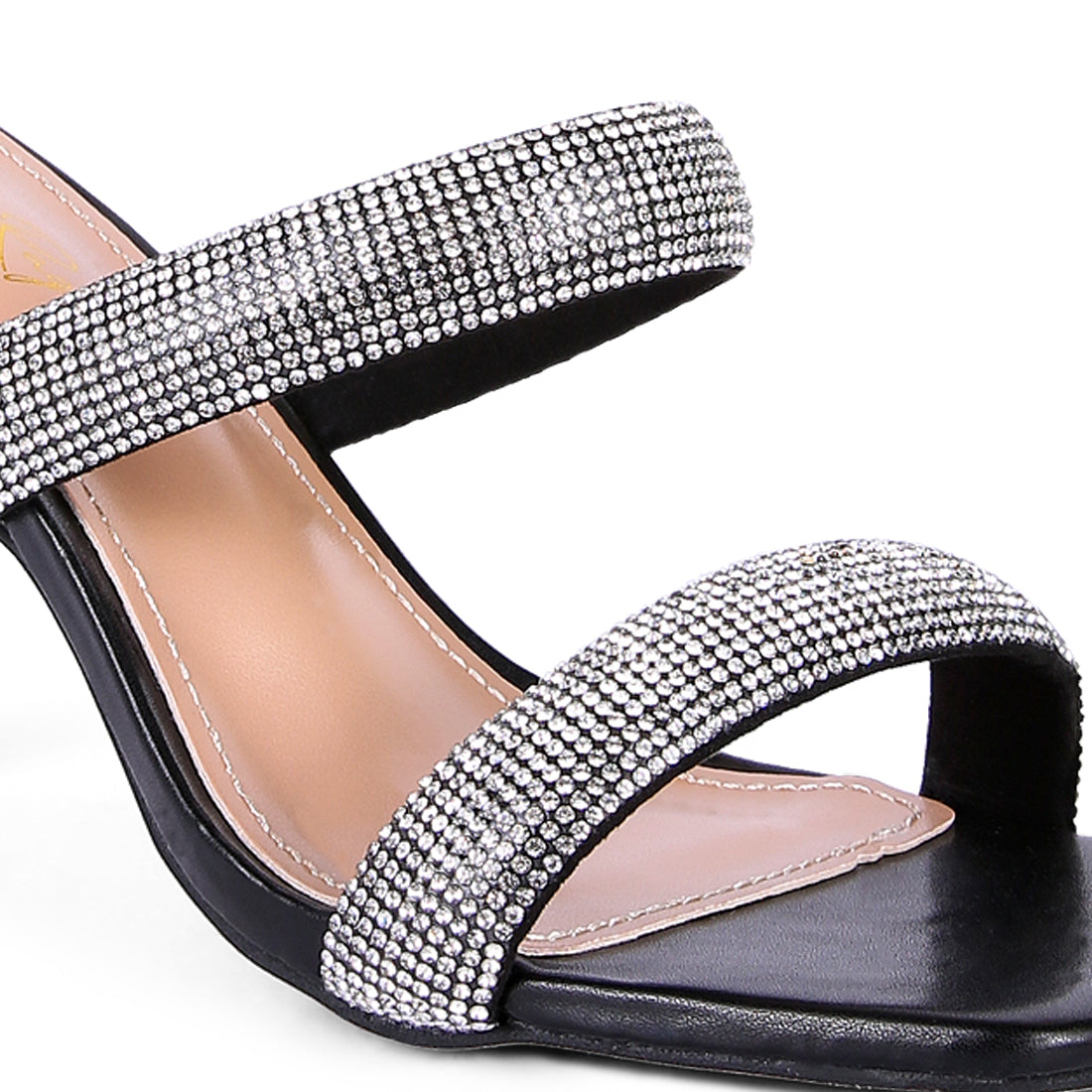 Black Diamante Mid Heel Slide Sandals
