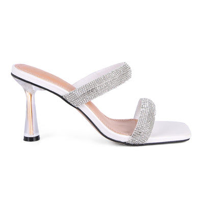 White Diamante Mid Heel Slide Sandals