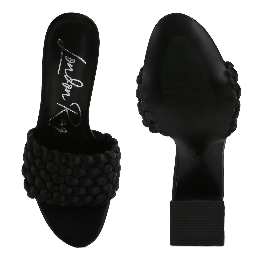Black Braided Satin Block Sandals