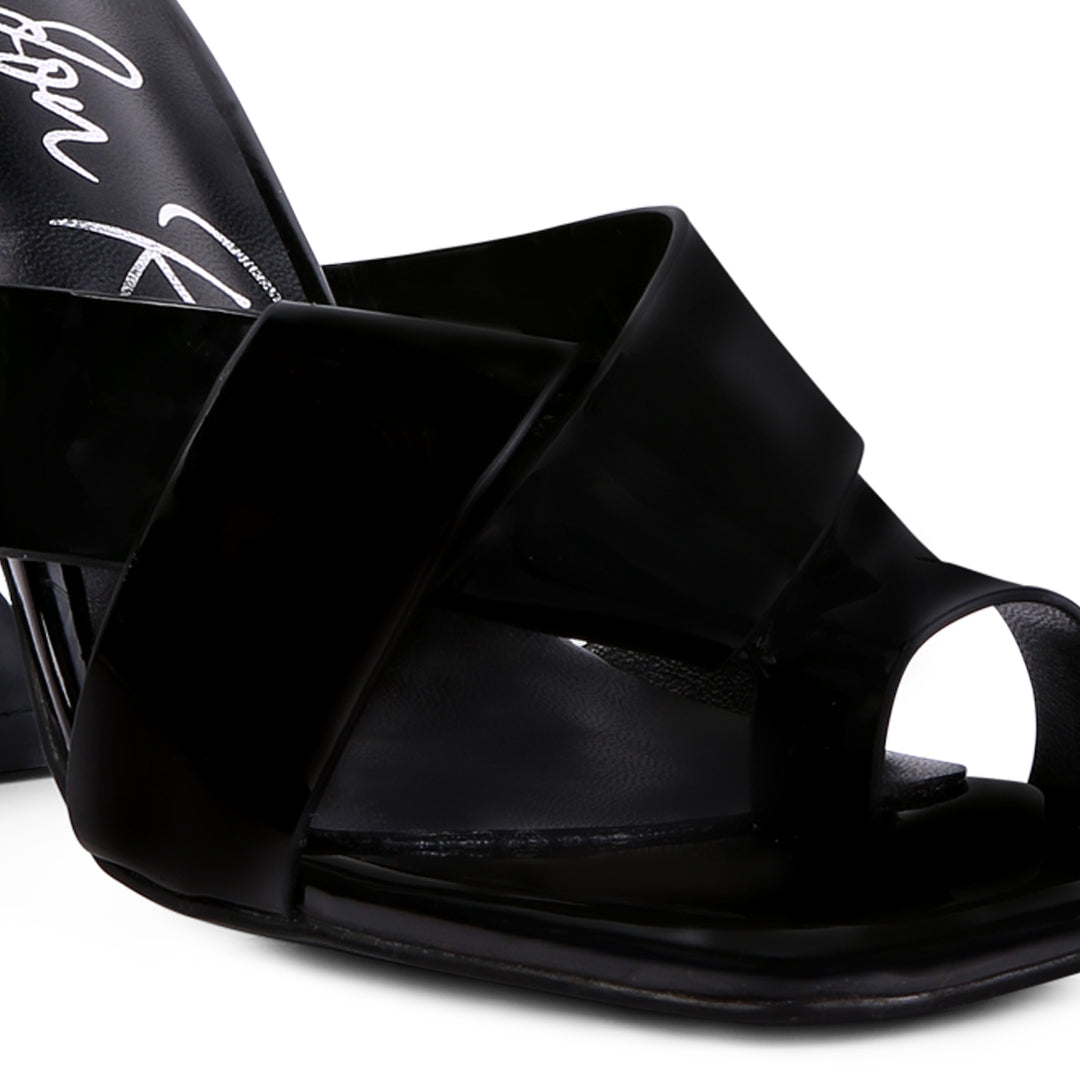 women intertwined toe ring heeled sandals#color_black