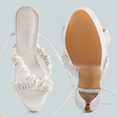 White Pop Era Ruched Straps Tie Up Sandals