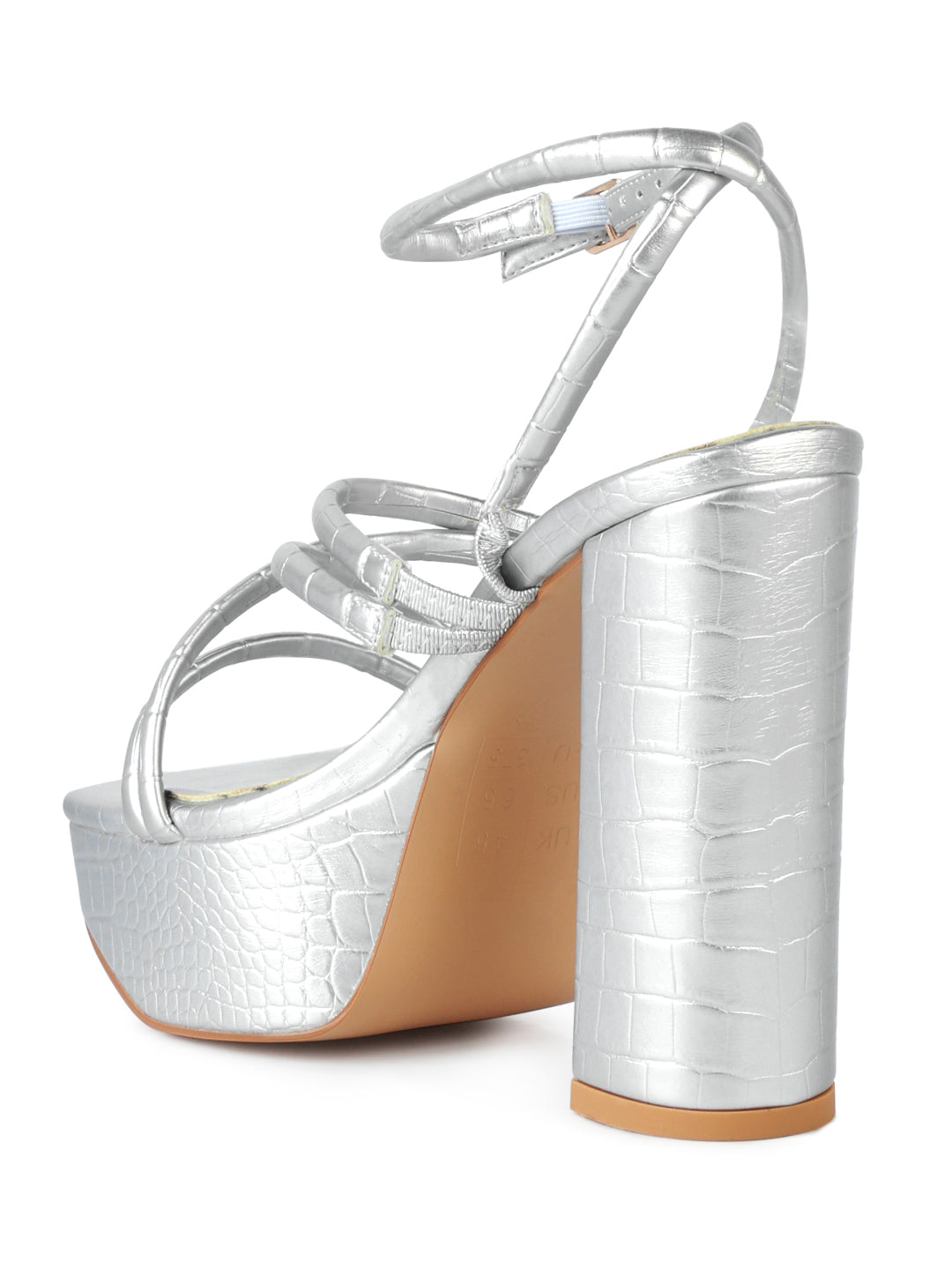 Silver Strappy Platform Chunky High Heels