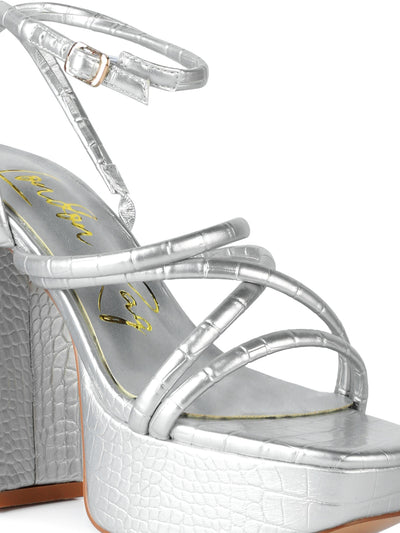 Silver Strappy Platform Chunky High Heels