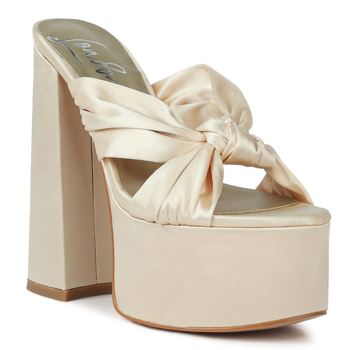 Beige Knotted Chunky Platform Heels