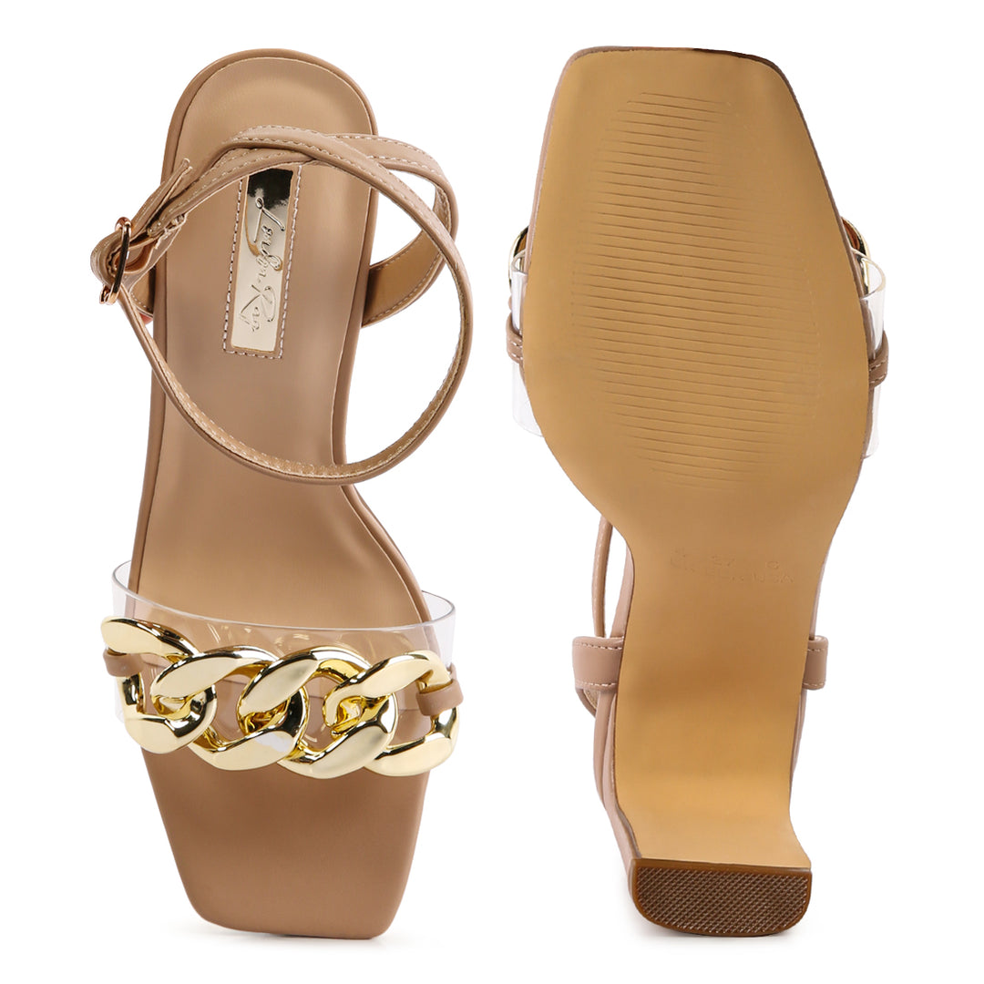 Bottom Kiss Chain Strap Heel Sandals in Camel