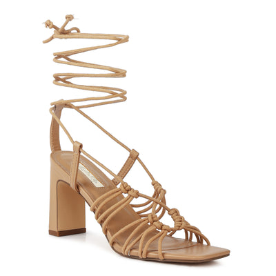 Strings Attach Braided Tie Up Block Heeled Sandal In Camel