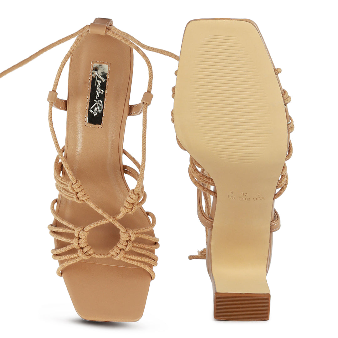 Strings Attach Braided Tie Up Block Heeled Sandal In Camel