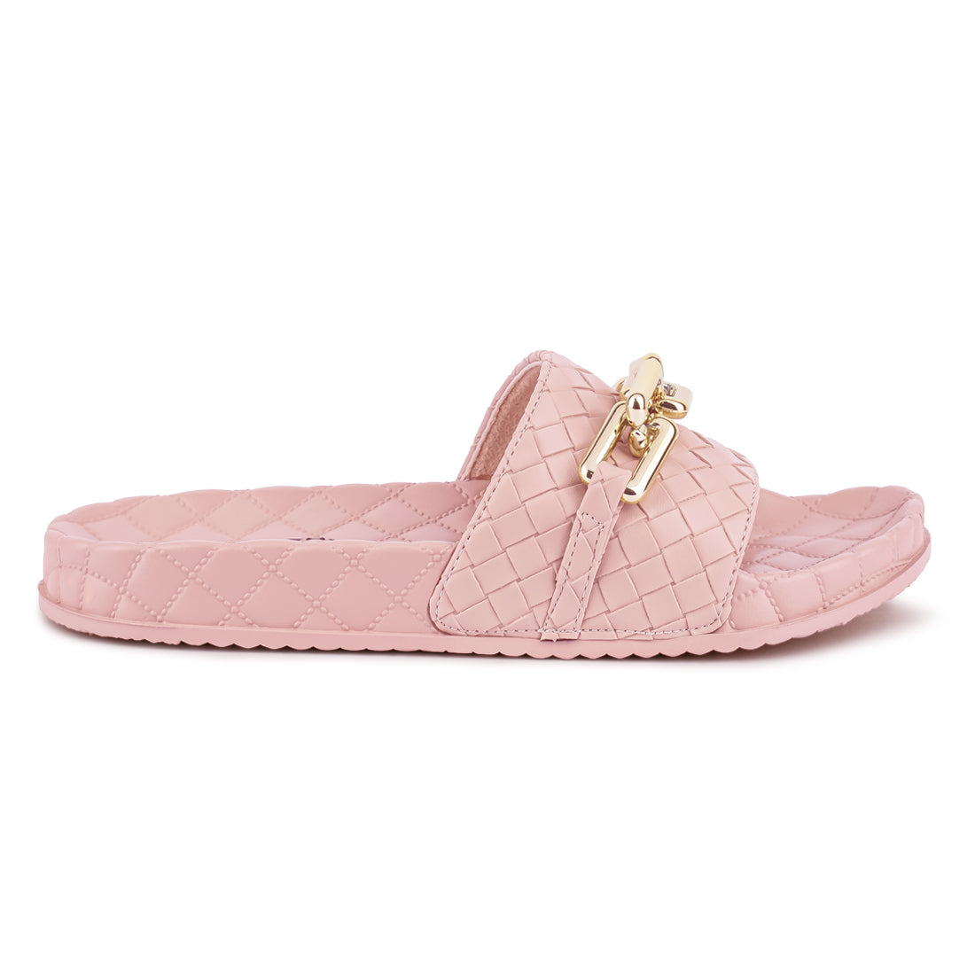 Pink Bling Chain Strap Woven Slip On Flats
