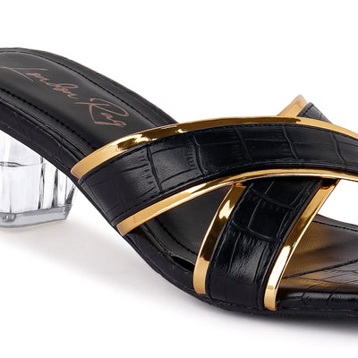 Black Line Croc Textured Low Heel Sandals