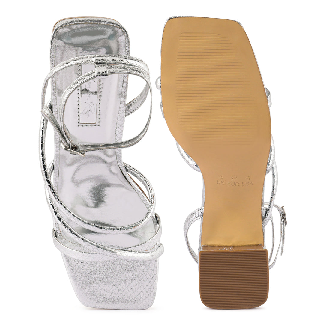 Silver Croc Mid Block Heel Casual Sandals